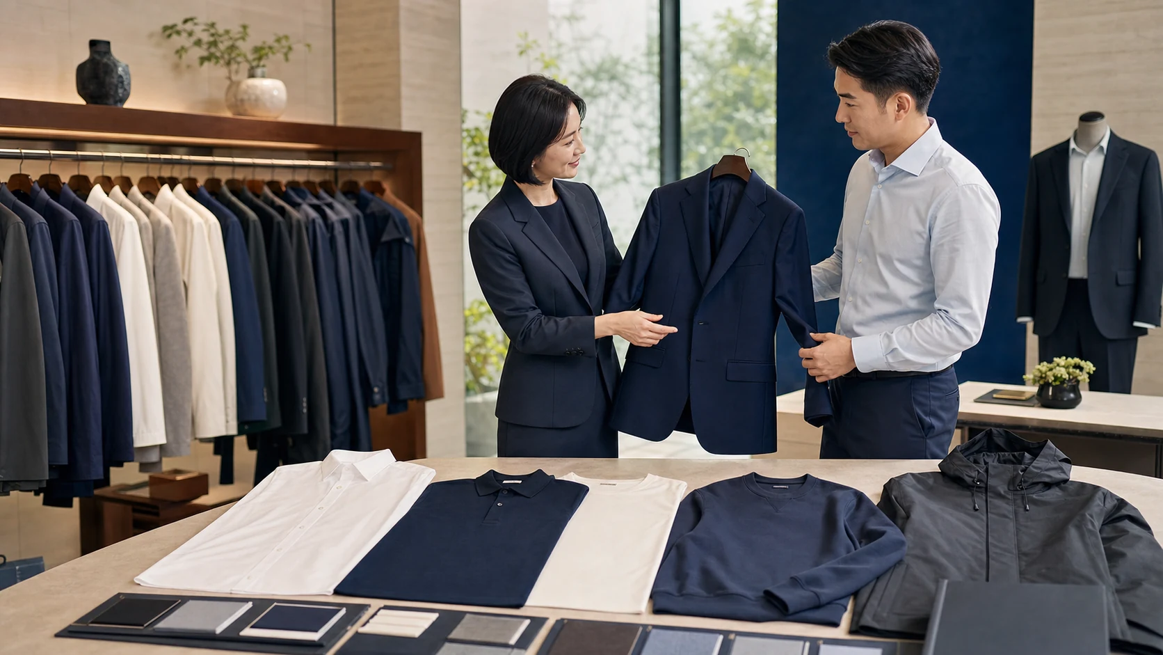 顾问与客户比较西装、衬衫、POLO衫、T恤、卫衣和功能外套的商品池选款场景示意