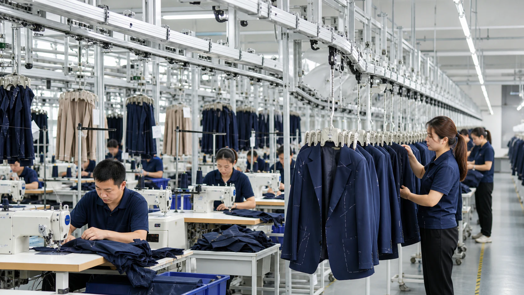 定制服装吊挂生产、人员作业与质检的协同场景示意