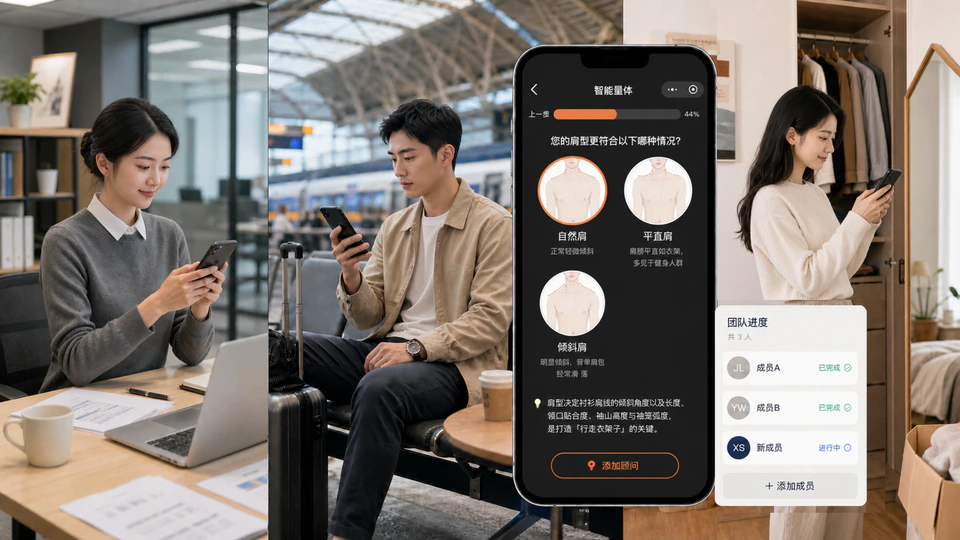 办公室、出差途中和家中的员工分别使用在线量体，并显示团队完成进度