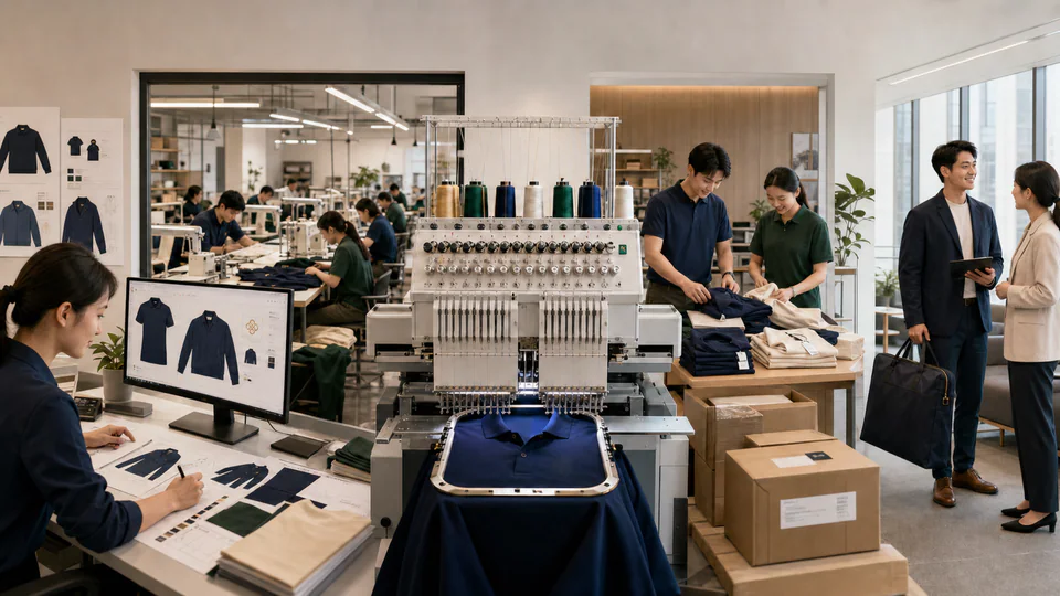 从服装设计、合作工厂生产、机器绣花、质检包装物流到现场服务的连续工作场景